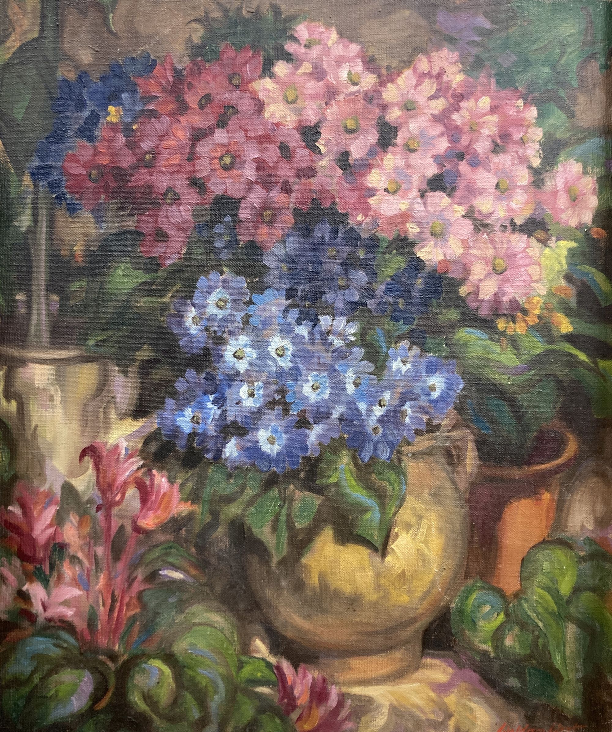 Waldron West, two oils on canvas, Still life of flowers and Portrait of a lady, both signed, 60 x 50cm